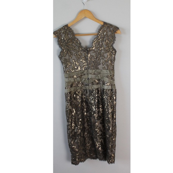 Tadashi Shoji Sequined Lace Smoked Pearl Grey Bronze Waist‎ Detail Dress 6P - Picture 3 of 8